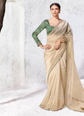 Cream premium luxe silk blend & organza designer saree 1