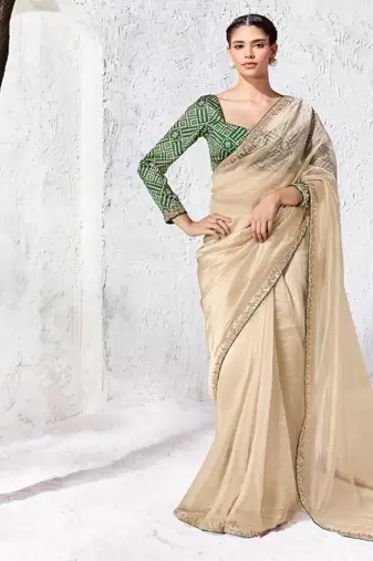Cream premium luxe silk blend & organza designer saree