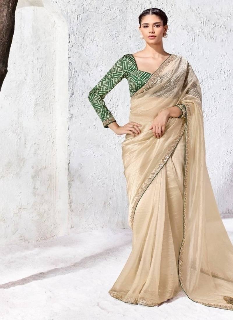 Cream premium luxe silk blend & organza designer saree
