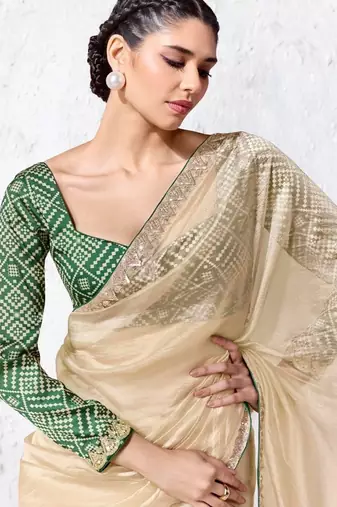 Cream premium luxe silk blend & organza designer saree