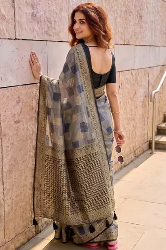 Grey designer woven saree with matching blouse
