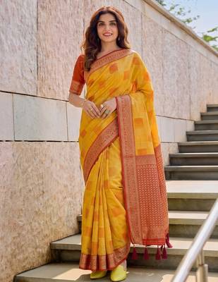 Yellow designer woven saree with matching blouse 1