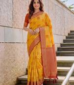 Yellow designer woven saree with matching blouse