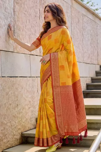 Yellow designer woven saree with matching blouse