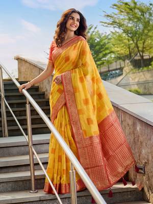 Yellow designer woven saree with matching blouse 4