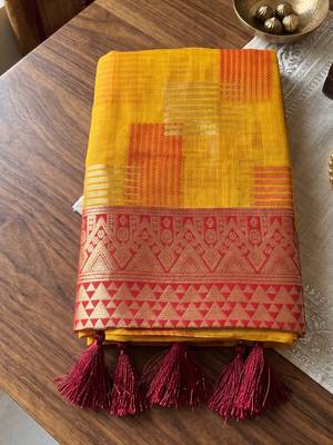 Yellow designer woven saree with matching blouse 5