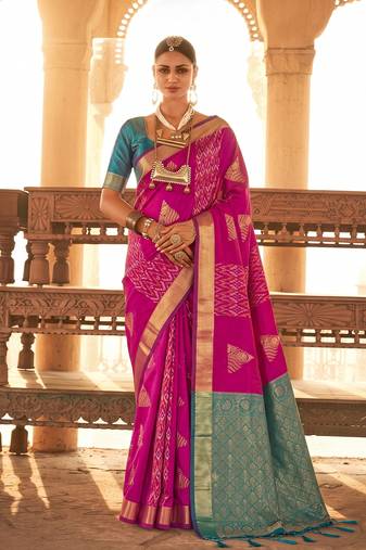 magenta soft silk blend designer saree with zari woven border & rich pallu