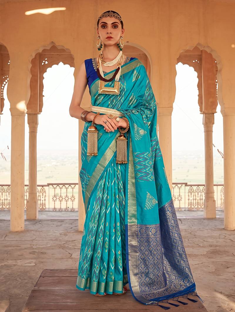 Sky blue premium soft silk blend designer saree with zari woven border & rich pallu