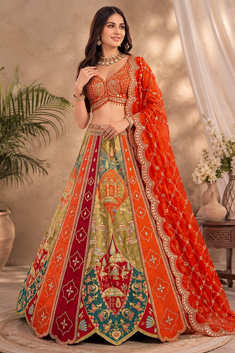 multicolor Color Print,Mirror,Dori,sequins Work silk blend Lehenga choli set   