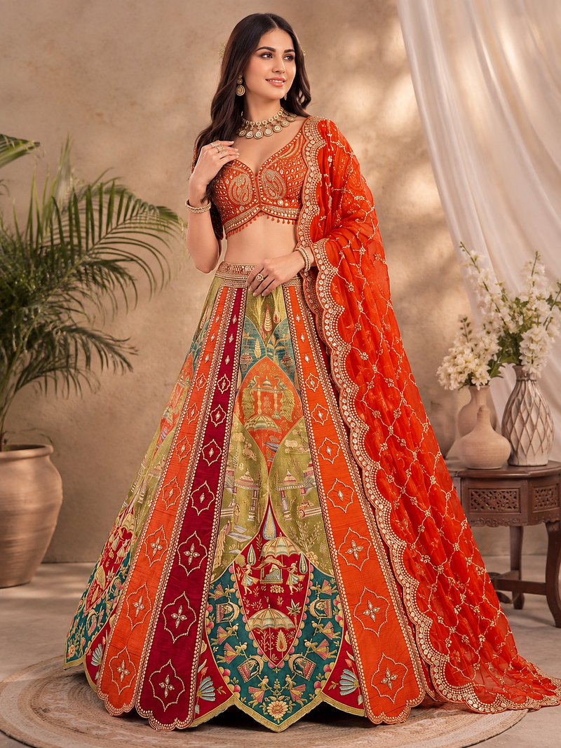 multicolor Color Print,Mirror,Dori,sequins Work silk blend Lehenga choli set   