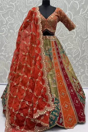 multicolor Color Print,Mirror,Dori,sequins Work silk blend Lehenga choli set   