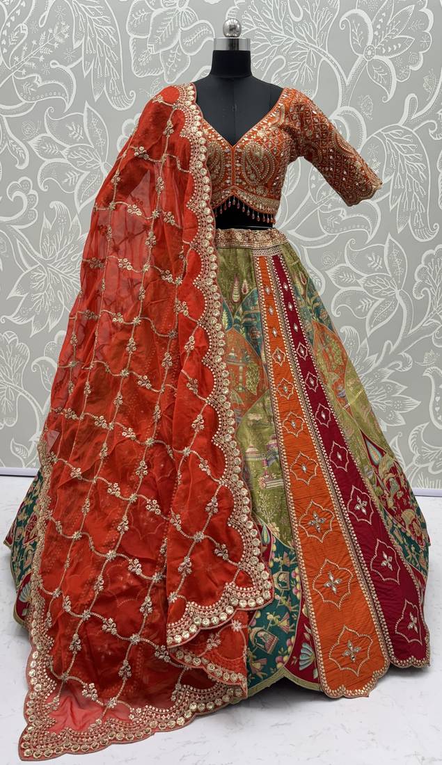 multicolor Color Print,Mirror,Dori,sequins Work silk blend Lehenga choli set   