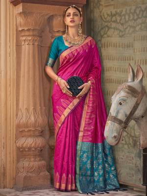 Pink soft silk blend designer saree with zari woven border & heavy pallu 1