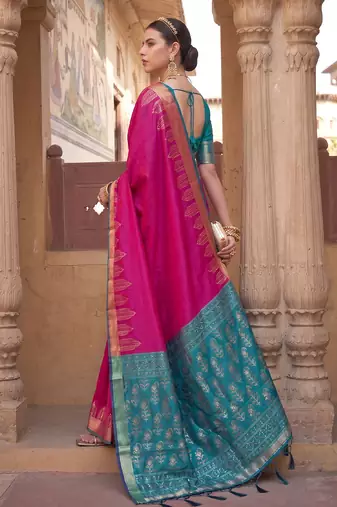 Pink soft silk blend designer saree with zari woven border & heavy pallu