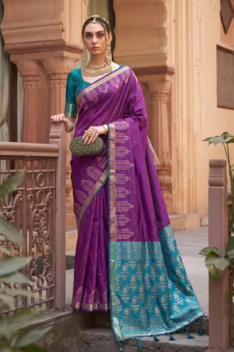 Purple soft silk blend designer saree with zari woven border & heavy pallu