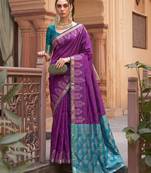 Purple soft silk blend designer saree with zari woven border & heavy pallu