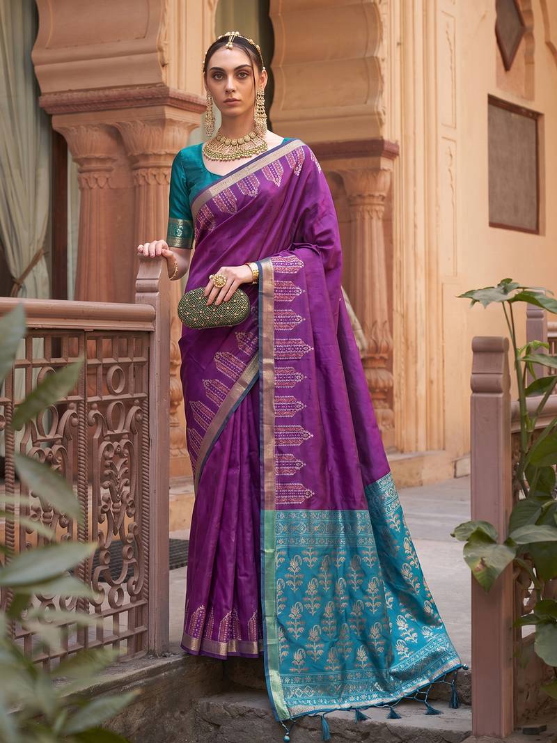Purple soft silk blend designer saree with zari woven border & heavy pallu
