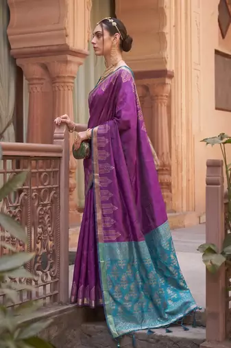 Purple soft silk blend designer saree with zari woven border & heavy pallu