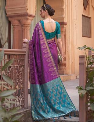 Purple soft silk blend designer saree with zari woven border & heavy pallu 3