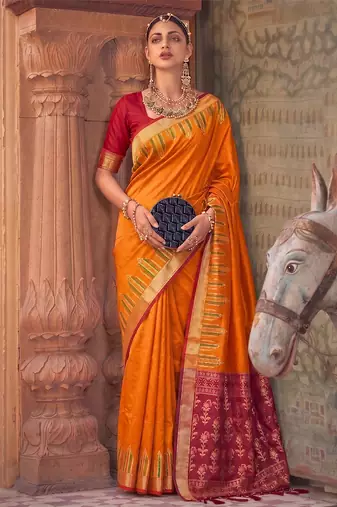 Orange soft silk blend designer saree with zari woven border & heavy pallu
