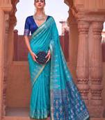 Sky blue soft silk blend designer saree with zari woven border & heavy pallu