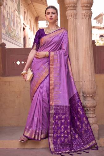 violet soft silk blend designer saree with zari woven border & heavy pallu