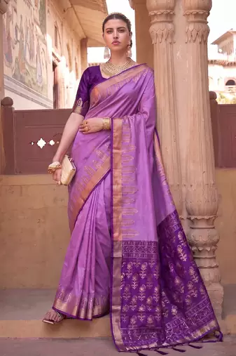 Violet soft silk blend designer saree with zari woven border & heavy pallu