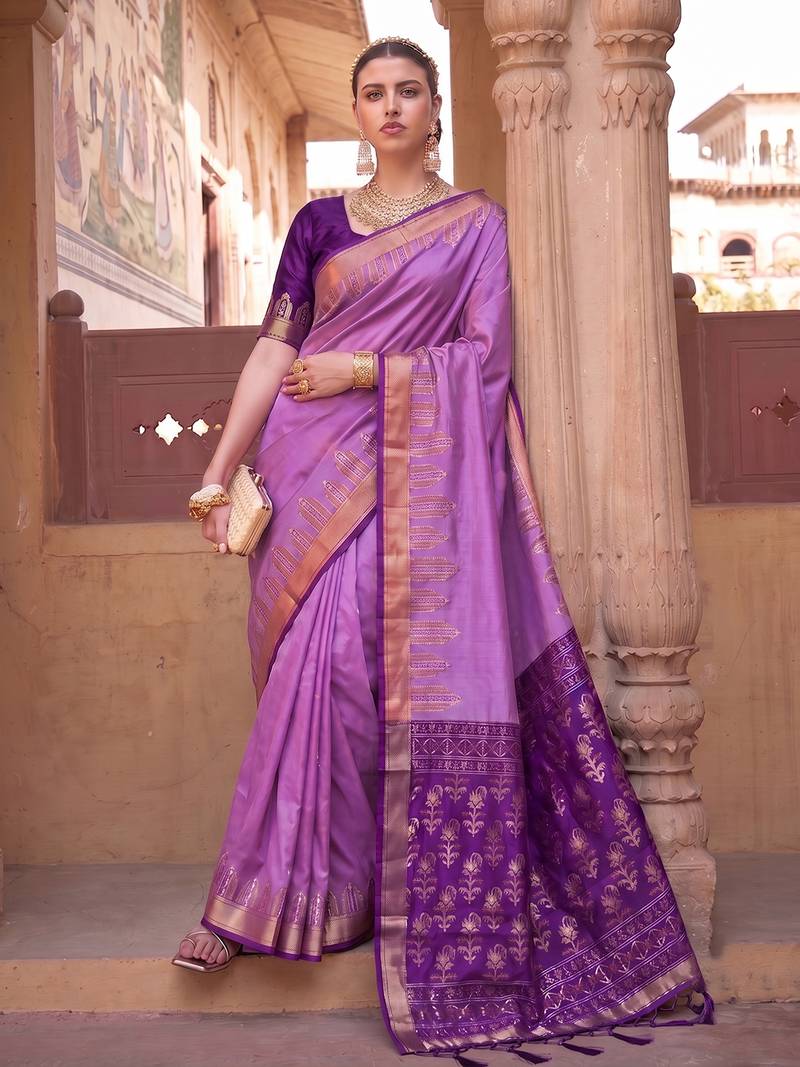 Violet soft silk blend designer saree with zari woven border & heavy pallu