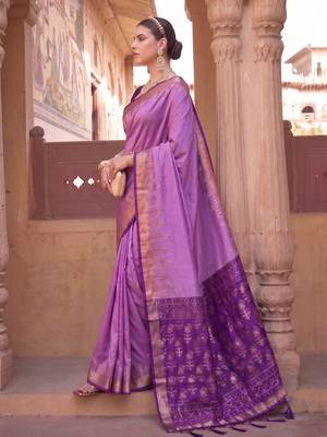 Violet soft silk blend designer saree with zari woven border & heavy pallu 2