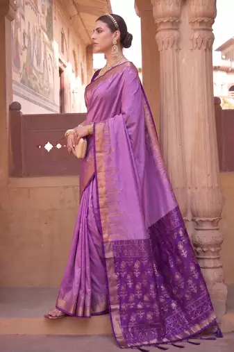 Violet soft silk blend designer saree with zari woven border & heavy pallu