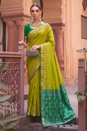 Green soft silk blend designer saree with zari woven border & heavy pallu