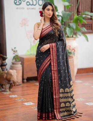 Black premium soft silk blend designer saree with zari motifs & rich border 1