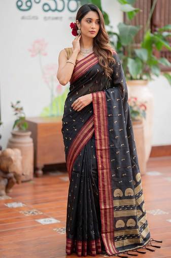 black soft silk blend designer saree with zari motifs & rich border