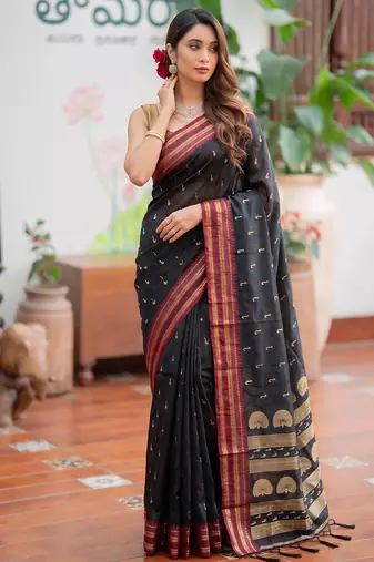 Black premium soft silk blend designer saree with zari motifs & rich border