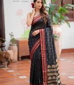 Black premium soft silk blend designer saree with zari motifs & rich border