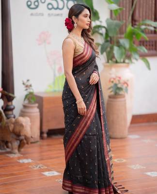 Black premium soft silk blend designer saree with zari motifs & rich border 2