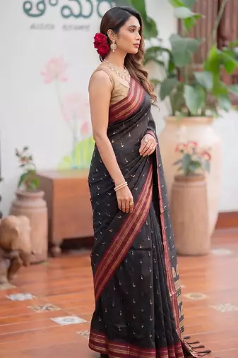 Black premium soft silk blend designer saree with zari motifs & rich border