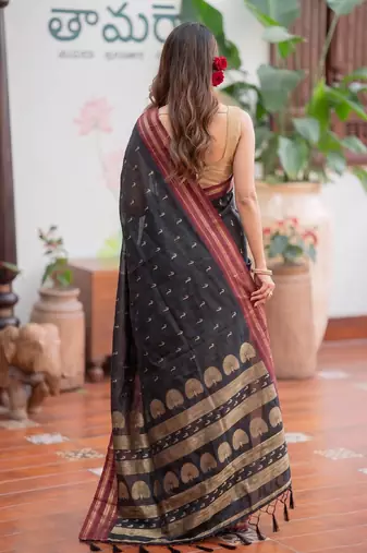Black premium soft silk blend designer saree with zari motifs & rich border