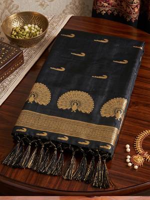 Black premium soft silk blend designer saree with zari motifs & rich border 4