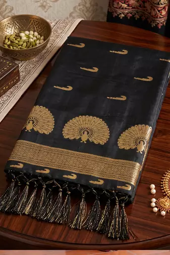 Black premium soft silk blend designer saree with zari motifs & rich border