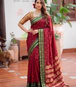 Maroon premium soft silk blend designer saree with zari motifs & rich border