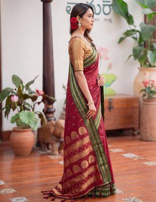 Maroon premium soft silk blend designer saree with zari motifs & rich border 2