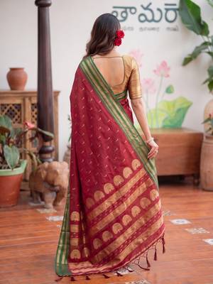 Maroon premium soft silk blend designer saree with zari motifs & rich border 3