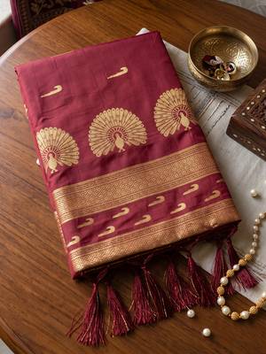 Maroon premium soft silk blend designer saree with zari motifs & rich border 4