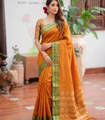 Yellow premium soft silk blend designer saree with zari motifs & rich border