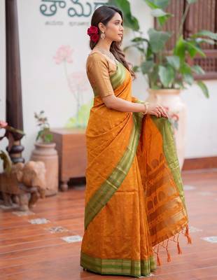 Yellow premium soft silk blend designer saree with zari motifs & rich border 2