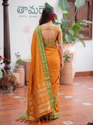 Yellow premium soft silk blend designer saree with zari motifs & rich border 3