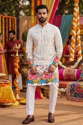 Off white digital print men's kurta with crochet sequin work