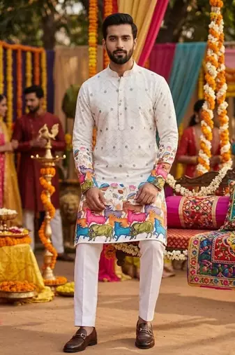 Off white digital print men's kurta with crochet sequin work