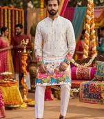 Off white digital print men's kurta with crochet sequin work
